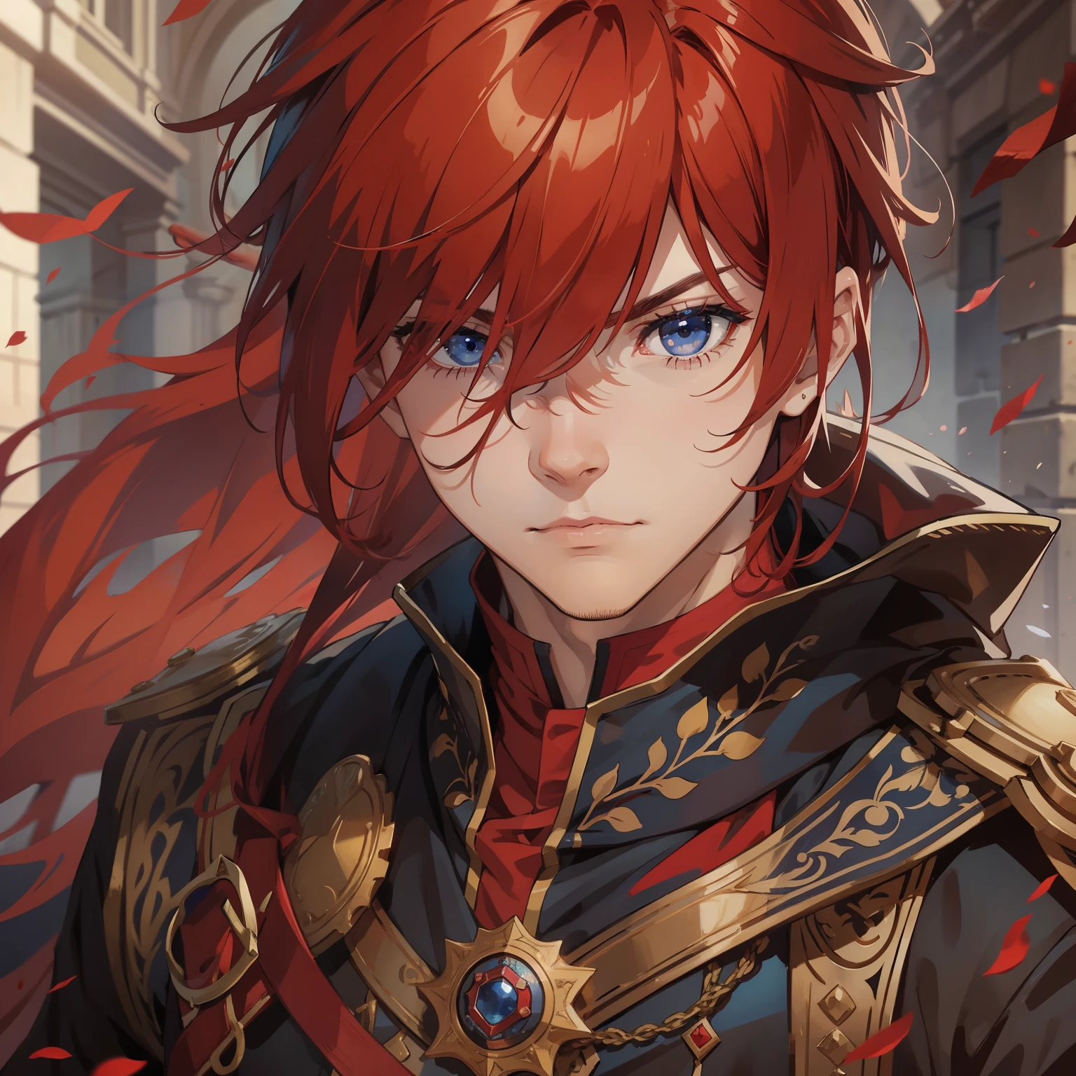 Young man, medium red hair, royal guard clothes, blue eyes, bangs, mark on right eye, male, young male, intimidating look.