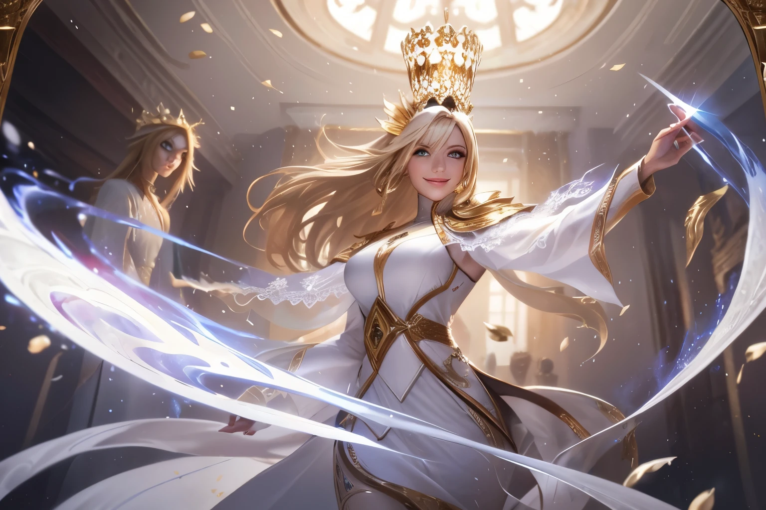 Dirt.,white shirt,(Spectral magic:1.2), League of Legends สแปลชอาร์ต, woman,Bangs,black pants,Red eyes,Blonde hair,(madness:1.2),crystal,mask,darkness,smile,bottom view,gold,fish,victorian hat,Europe,Middle Ages,Marble,white magic,joy,luxurious,diamond,flower,full figure,(white fire magic:1.2),ruins,Comb your hair,Reflections,mirror,mirrorเเตก,ผลึกcrystal,white coat,dynasty,gold lace pattern,water,เศษcrystalสีฟ้า