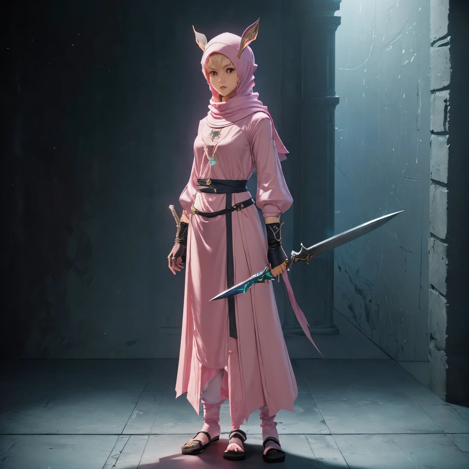  Design a layout showcase Gaming character, (1boy). Pink+mint cyan clothes, stylish and unique, ((showcase weapon:1.4)), sword, (, (best quality), 4k, ultra-detailed, (Step by step design, layout art:1.5), (luminous lighting, atmospheric lighting), Final Fantasy style, priest, ((glove full hands)), fran, viera, (((modest clothes:1.3))), vambraces, armored legwear, (((full_body_shot:1.4))),
 