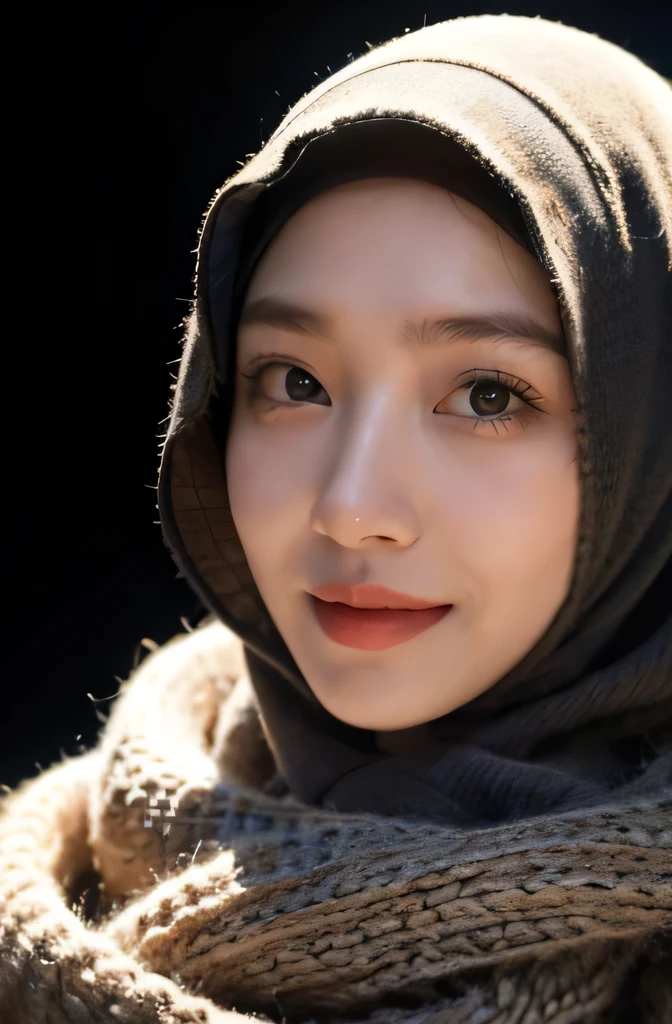 a 20 yo woman,hijab, sweater, dark theme, soothing tones, muted colors, high contrast, (natural skin texture, hyperrealism, soft light, sharp), simple background, smile, natural beauty