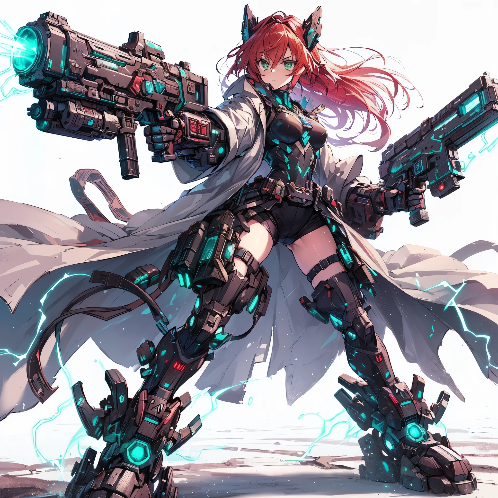 (Masterpiece, Top Quality), (Fine Hair), Ultra-Detailed, Anime Style, Solo, Full Length, Concept Art, Setting Paintings, Cyberpunk gunslinger Girl, red Hair and green Eyes,cyberpunk High-Tech armored Suit, Cyber Headgear, huge gauntlet, held guns each hand, fighting Pose, supernatural lightning, wearing huge mechanical boots, White background, standing full length, Digital painting, Standing on wasteland, ((Senki Zesshou Symphogear))
