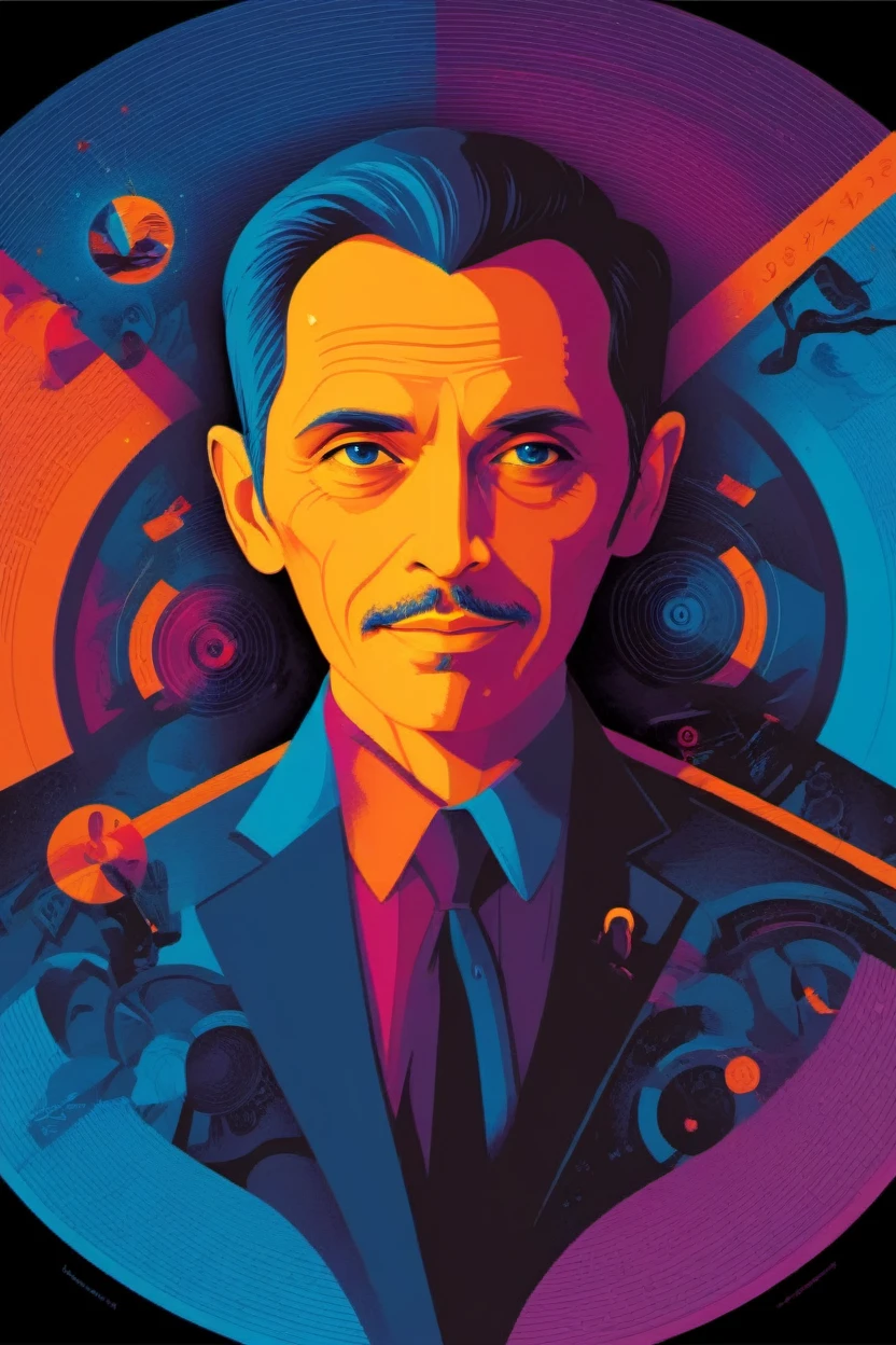 concept poster a 40 years man, full body portrait at symetric shape, digital artwork by tom whalen, bold lines, vibrant, saturated colors, detailed face,ceo