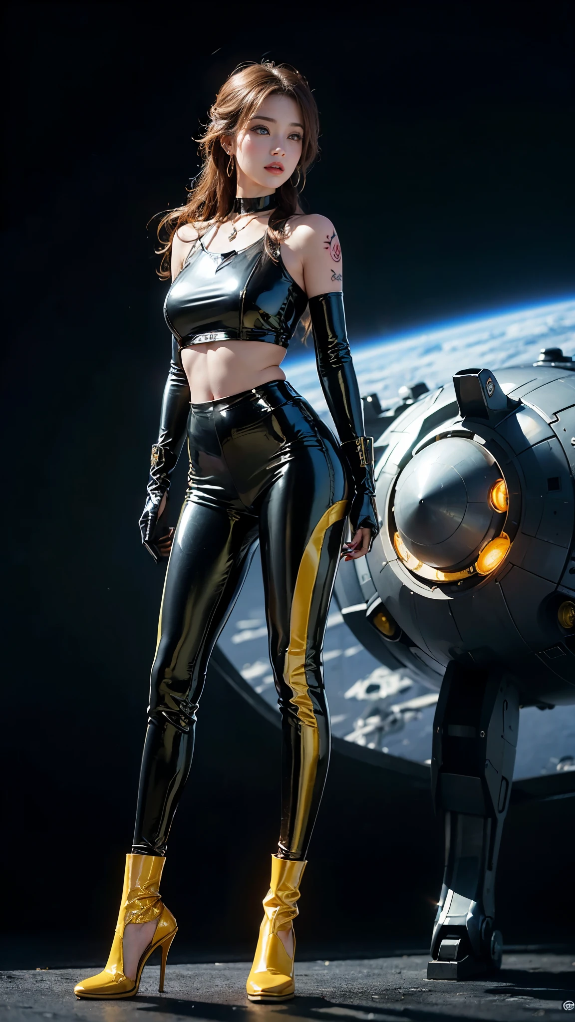 ((masterpiece:1.4)、(highest quality:1.4)、(realistic:1.7))、master piece:1.4、(Finest rendering:1.4)、(Kaoru, the beautiful navigator of Space Battleship Fuji:1.4)、Super beautiful航海士Kaoru、(Written by Luis Royo:1.4)、(Uniforms that highlight your beautiful style:1.2)、(Futuristic sci-fi battle fashion:1.2)、(street style wear)、(tight fit pants)、(Luxurious shiny latex:1.4)、(luxury yellow latex:1.4)、19 years old、(cute tattoo:1.4)、(wearing yellow gloves)、cute girl、Super beautiful、(seductive pose)、sharp focus、portrait photography:1.4、8k、realistic photo images:1.4、(perfect female body:1.4)、perfect proportions、(standing:1.4)、(full body photography:1.4)、beautiful face、fearless look、beautiful eyes、(A girl with a beautiful body that emphasizes her slender abdominal muscles)、narrow waist:1.4、(9 life size beautiful style girl:1.4)、(Beautiful girl with long legs and good style:1.4)、beautiful feet、(long hair:1.2)、dark makeup、eye shadow、Glow eye、glow lip、beautiful breasts、big breasts:1.2、sexy butt、(standing facing forward:1.4)、Raw photo、red lips、Yellow high heels:1.4、choker:1.4、necklace:1.4、earrings:1.4、1 screen display、Space Battleship Fuji bridge:1.2
