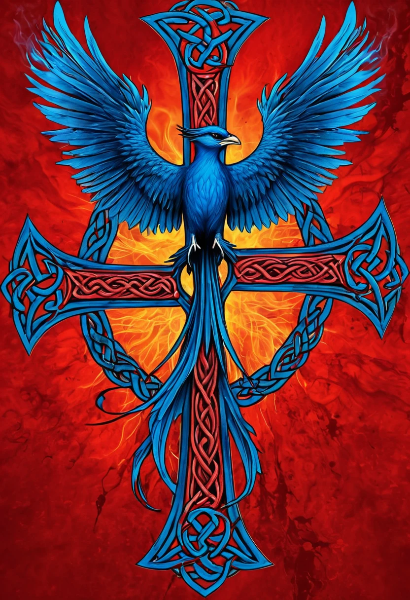 Blue flames Phoenix bird holding a Celtic cross over a bloody red background