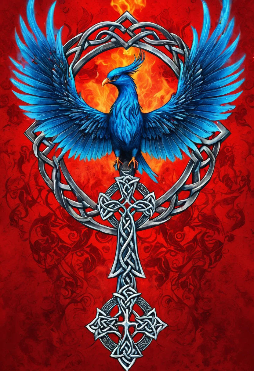 Blue flames Phoenix bird holding a Celtic cross over a bloody red background 