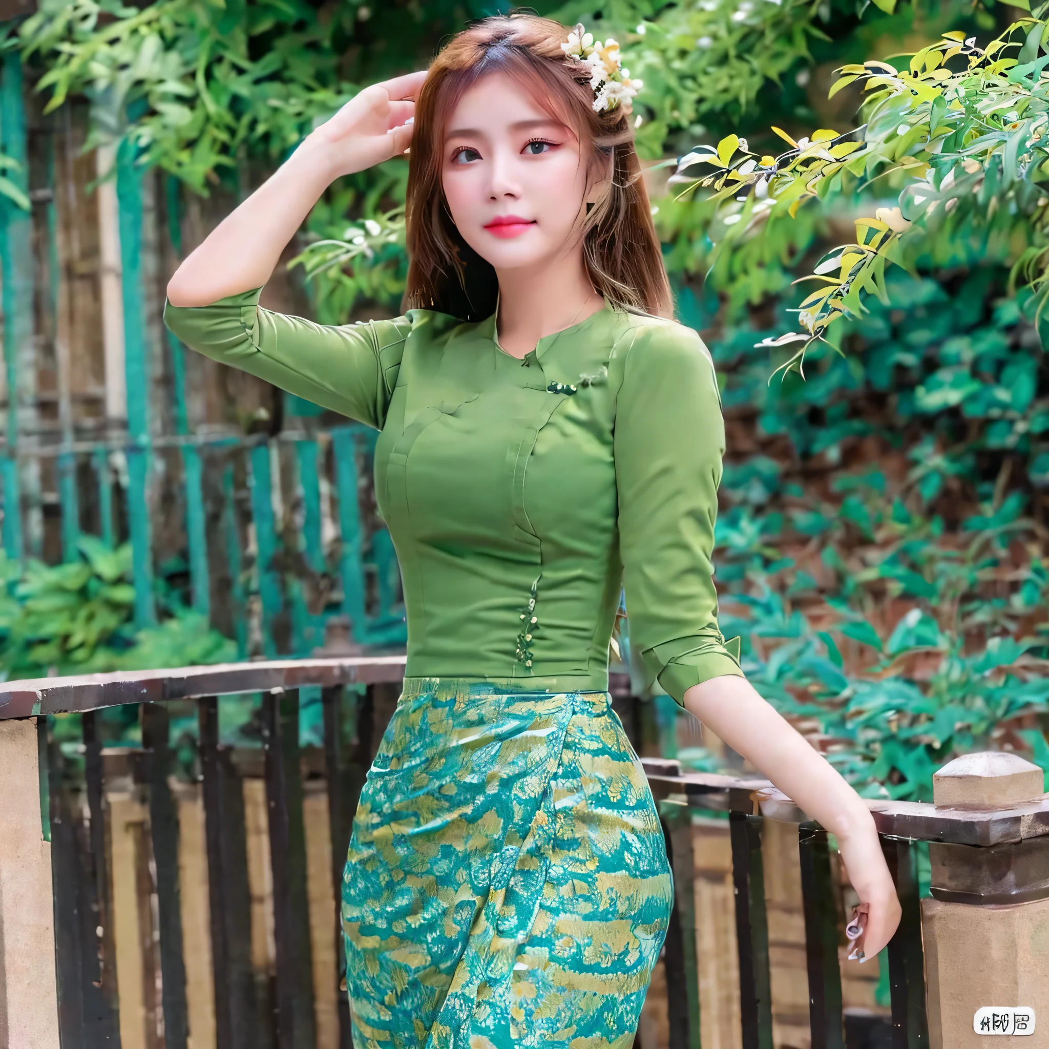 ((Best Quality, 8k, Masterpiece:1.3))), Crisp Focus: 1.2, (Beautiful Woman with Perfect Figure: 1.4) , Highly Detailed Face and Skin Texture., Detailed Eyes, Double Eyelids , Long Hair, acmm ls outfit, wearing acmm top, olive green acmm top, long sleeves, wearing acmm long skirt, olive green acmm long skirt, printed skirt, garden background with green tree