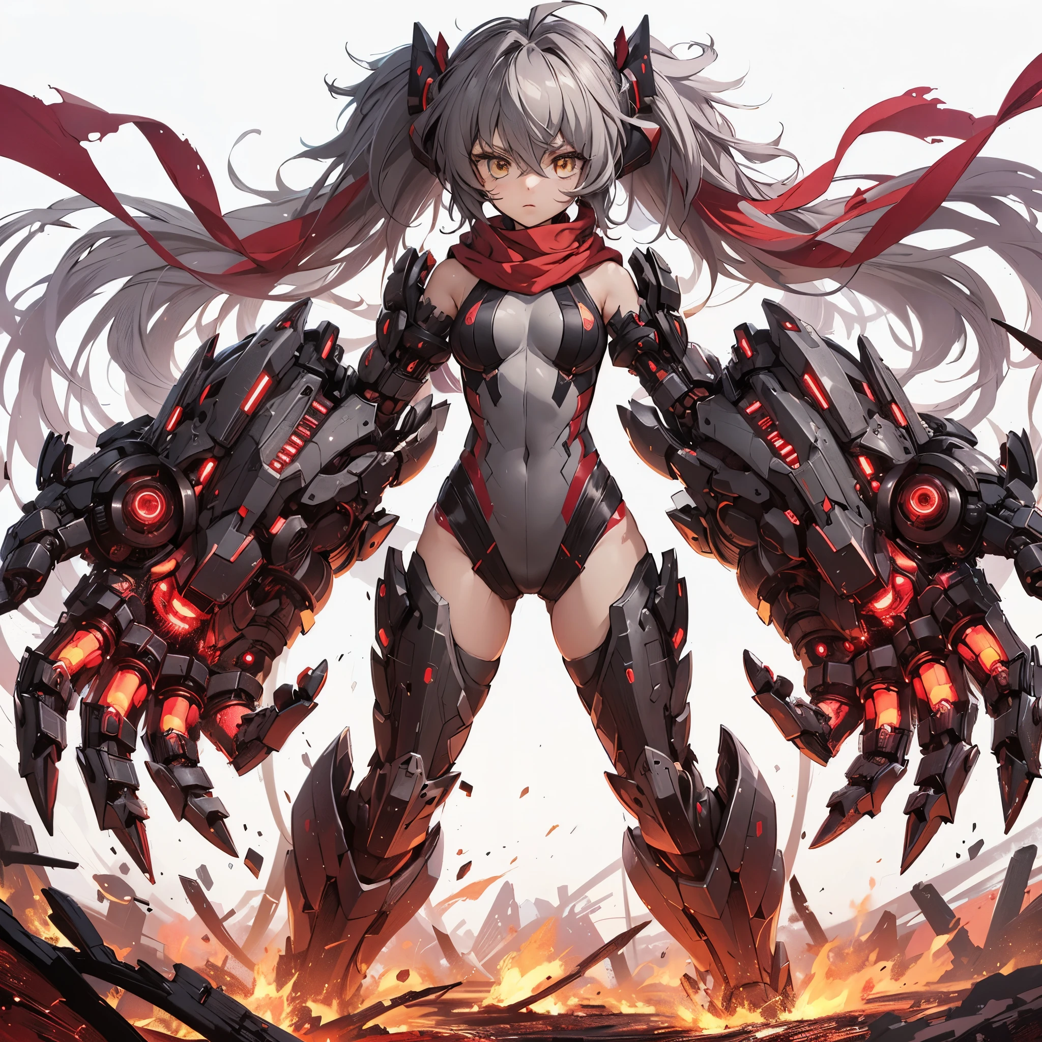 (Masterpiece, Top Quality), (Fine Hair), Ultra-Detailed, Anime Style, Solo, Full Length, Concept Art, Setting Paintings, Cyber grappler Girl, Ash-Gray Hair and Yellow Eyes, Body-Fitting Thin High-Tech Suit and Red Scarf, Face Exposed Cyber Headgear, Huge Gauntlets, gigantic palm, fighting Pose, supernatural red and black flames, Wearing huge mechanical boots, White background, Standing full length, Digital painting, Standing on burnt earth, ((Senki Zesshou Symphogear))
