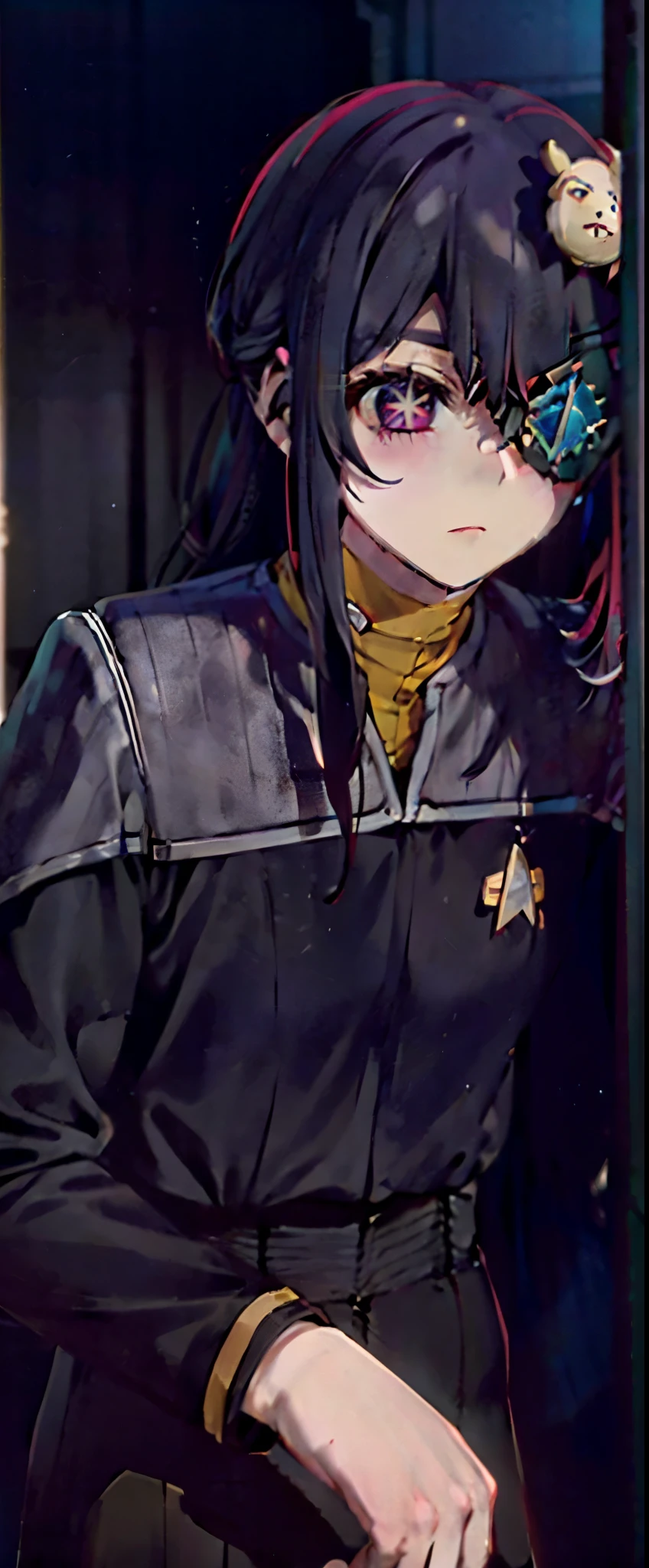Hoshino Ai, long hair, purple hair, streaked hair ,purple eyes, star-shaped pupils, hair ornament, borg
cyborg
bald
gray skin
veins
metal armor
cable
eyepatch ds9st red and black uniform
ds9st teal and black uniform
ds9st yellow and black uniform
ds9st command
ds9st operations
ds9st science comm badge