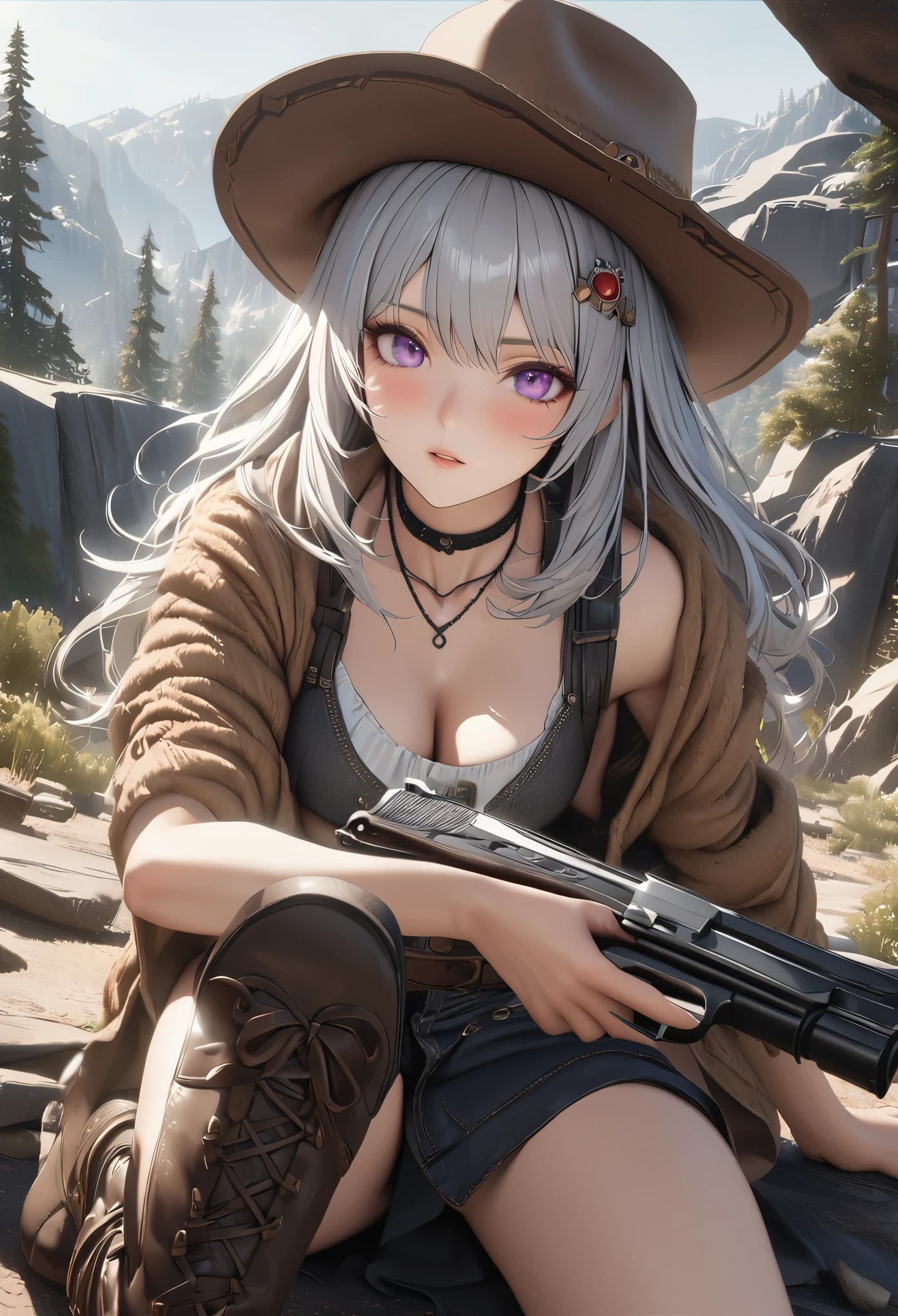 masterpiece,highest quality, Super detailed, High resolution, expensive resolution, HDR, 4k, 8K, unity 8k wallpaper, Super detailed CG, masterpiece, realistic, 2D, 3D, beautiful details, depth, fine texture , super fine: 1.3, Fully focused, Crispy.skin, .he, Very cute anime girl 、Desolate wilderness、cowboy styleの衣装、cowboy hat、cowboy boots、hand gun、mexican wilderness、duel、hand gunを持って立っている、long silver hair wearing expensive , one girl、alone, long silver hair, cowboy style、cowboy hat、hand gun、duel、cowboy bootole under the eye, looking at the viewer , expensive , blush, mole, parted lips, hair ornaments, heart, purple eyes, choker