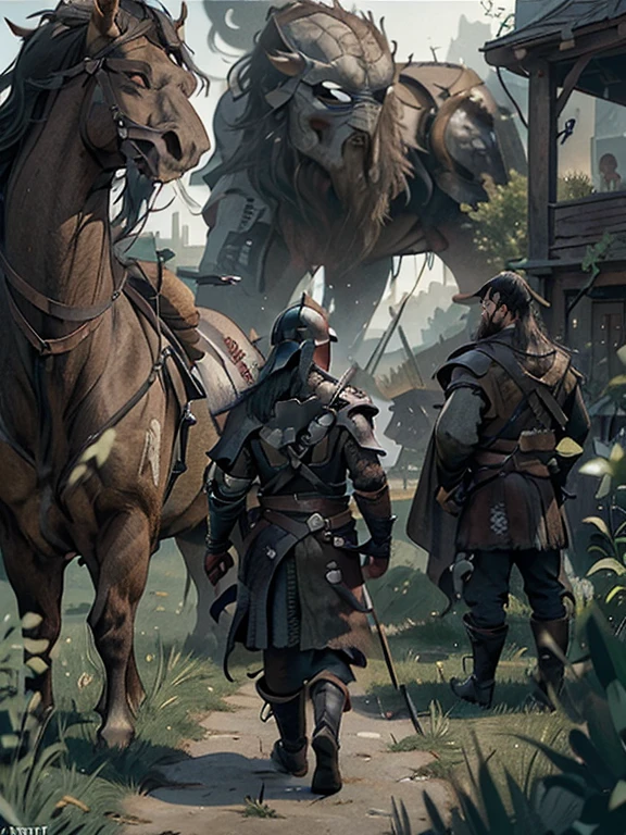  Cartoon style pictures ，(Europe)，man,midnight，Overall black tone， Characters take up one fifth，Create dystopian masterpieces, Game of Thrones movie scenes, The whole character is dressed in Game of Thrones style, Rugged full body metal armor，medieval armor， The background is the medieval manor farmland，river，torch，horse，A group of farmers，field，farming，(helmet，Face covering，In the shadows，Faceless，健壮的man, strong, shabby),dynamic poses， ((Turn your back to the camera，look into the distance，not looking at camera)), Photos taken from a distance, 