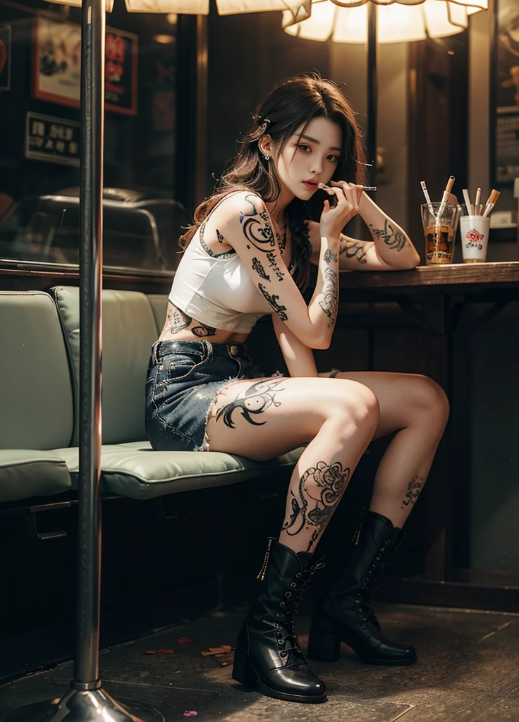 arafed woman with tattoos smoking a cigarette in a carousel, (( smoking a cigarette)), Cai Xukun, ((wearing boots)), Cai Xukun, of taiwanese girl with tattoos, Inspired by Elsa Breda, Written by Emma Andijewska, with tattoos, tattooed, inked, Inspired by Kim Duk-shin, tattoo, The aesthetics of War Paint, yakuza slim girl, Neutral person, by Mika Klein