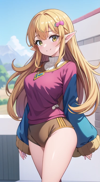 obra maestra, 1 chica, pecho mediano, escote, sonrisa, (sudadera con capucha rosa abierta), desde abajo, plano general, mirando a otro, Zelda, piernas desnudas