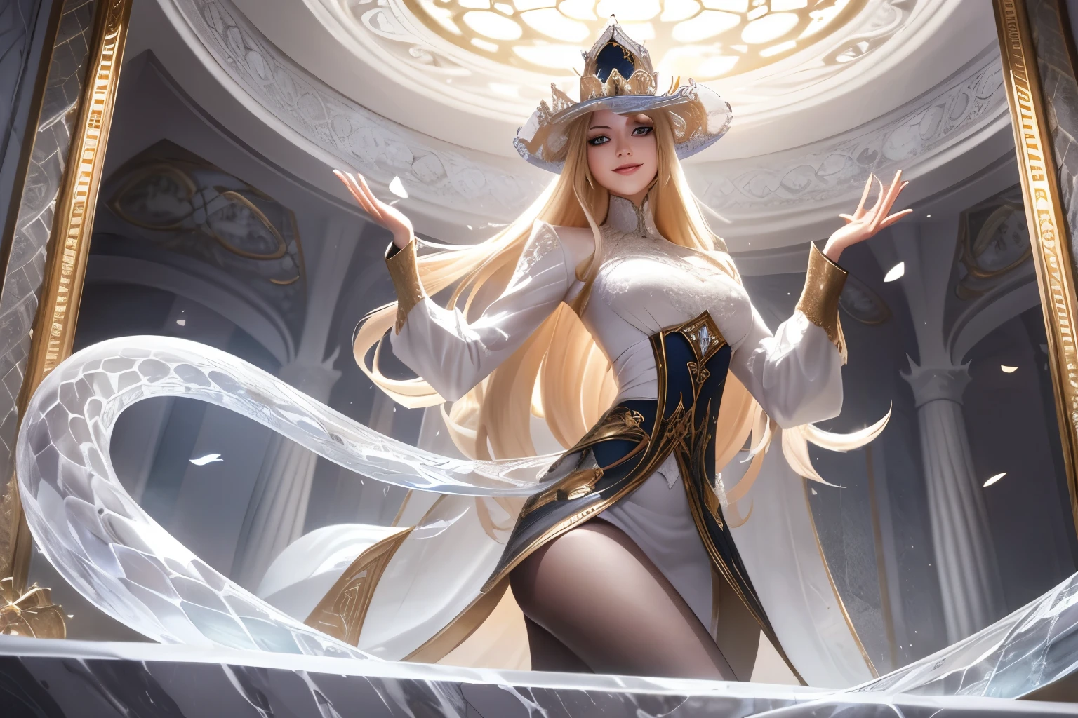 Dirt.,white shirt,(Spectral magic:1.2), League of Legends สแปลชอาร์ต, woman,Bangs,black pants,Red eyes,Blonde hair,(madness:1.2),crystal,mask,darkness,smile,bottom view,gold,fish,victorian hat,Europe,Middle Ages,marble pattern,white magic,joy,luxurious,diamond,flower,full figure,(white stone magic:1.2),ruins,Comb your hair,Reflections,mirror,mirrorเเตก,ผลึกcrystal,white coat,dynasty,gold lace pattern,water,เศษcrystalสีฟ้า,ยืนกลางทุ่งflower,snake