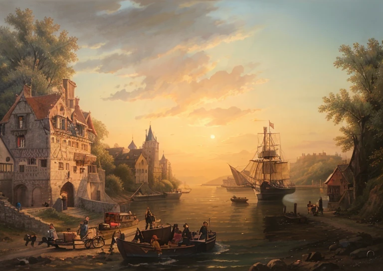 castle on the banks of the Rhine, sunset, in the foreground on the left are medieval houses and people on the shore - fishermen and loaders unload boats. a horse-drawn cart near the houses, bags and baskets for carts, Not far from the shore on the right there is a sailing frigate, there are several boats in the sea