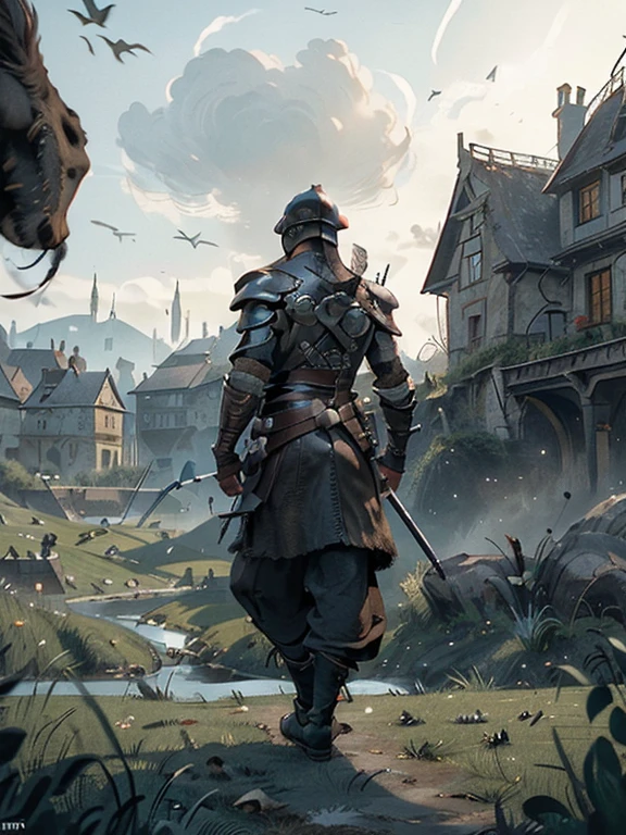 Cartoon style pictures ,(Europe),man,midnight,Overall black tone, Characters take up one fifth,Create dystopian masterpieces, Game of Thrones movie scenes, The whole character is dressed in Game of Thrones style, Rugged full body metal armor,medieval armor, Medieval village in the background,farmland,river,torch,horse,A group of farmers,field,farming,(helmet,Face covering,In the shadows,Faceless,健壮的man, strong, shabby),dynamic poses, ((Turn your back to the camera,look into the distance,not looking at camera)), Photos taken from a distance,