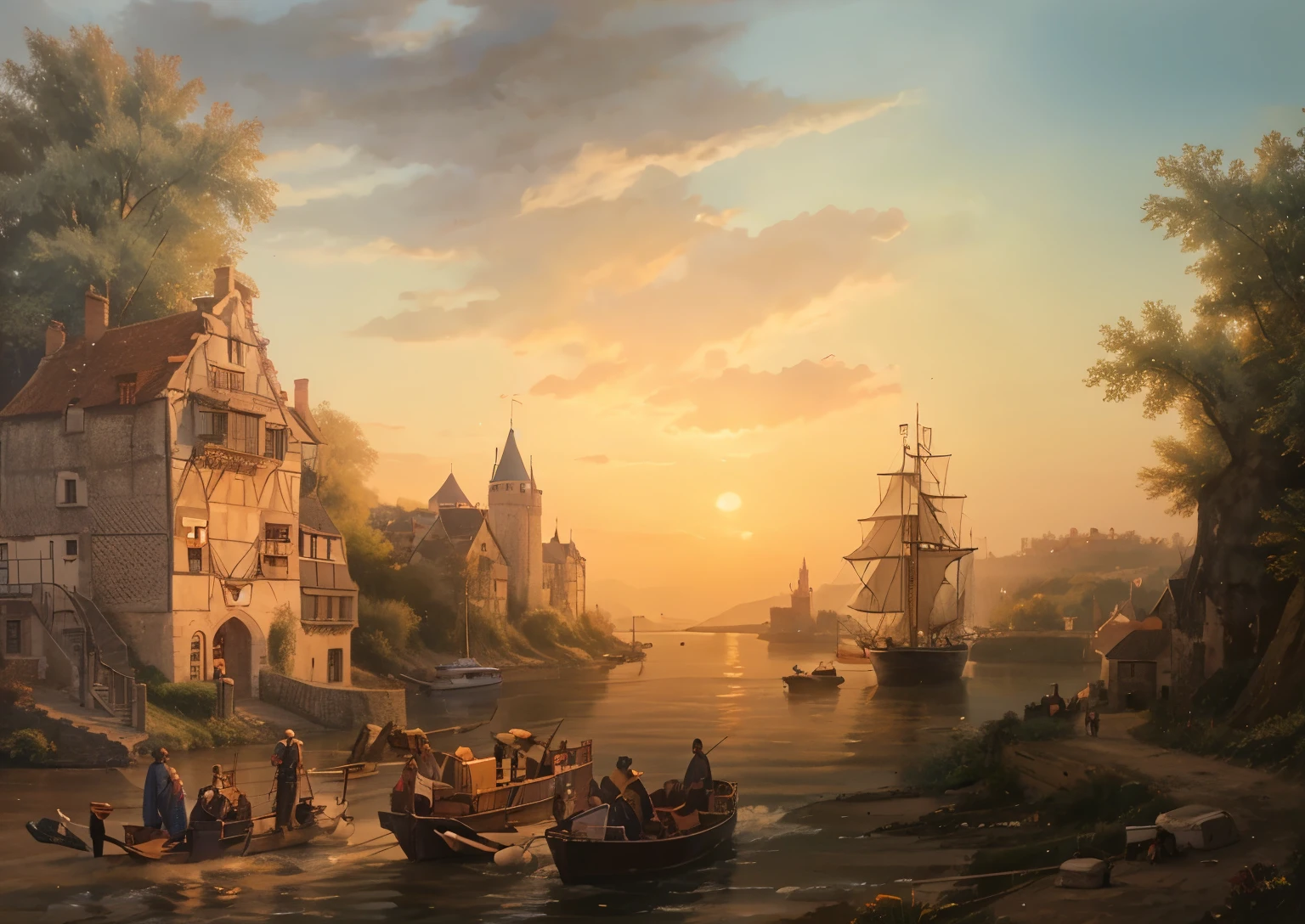 castle on the banks of the Rhine, sunset, in the foreground on the left are medieval houses and people on the shore - fishermen and loaders unload boats. a horse-drawn cart near the houses, bags and baskets for carts, Not far from the shore on the right there is a sailing frigate, there are several boats in the sea