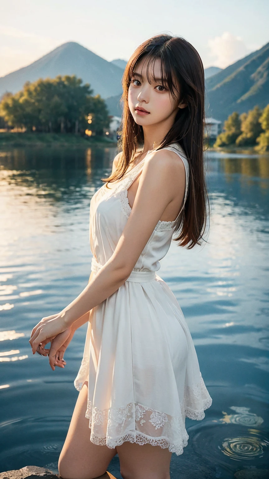 Masterpiece, best quality, silky smooth skin, depth of field, close to the face, detailed eyes and face, 1 girl, big adorable eyes, serene expression, mesmerizing eyes, long straight hair, flowing dress, poised posture, porcelain skin, subtle blush, BREAK golden hour crystal pendant, (rim lighting): 1.2, warm tones, sun flare, shadows soft, vibrant colors, pictorial effect, dreamy atmosphere BREAK scenic lake, distant mountains, willow tree, calm water, reflection, sunlit clouds, tranquil ambience, idyllic sunset, ultra detailed, official art, unity 8k wallpaper, zentangle, mandala