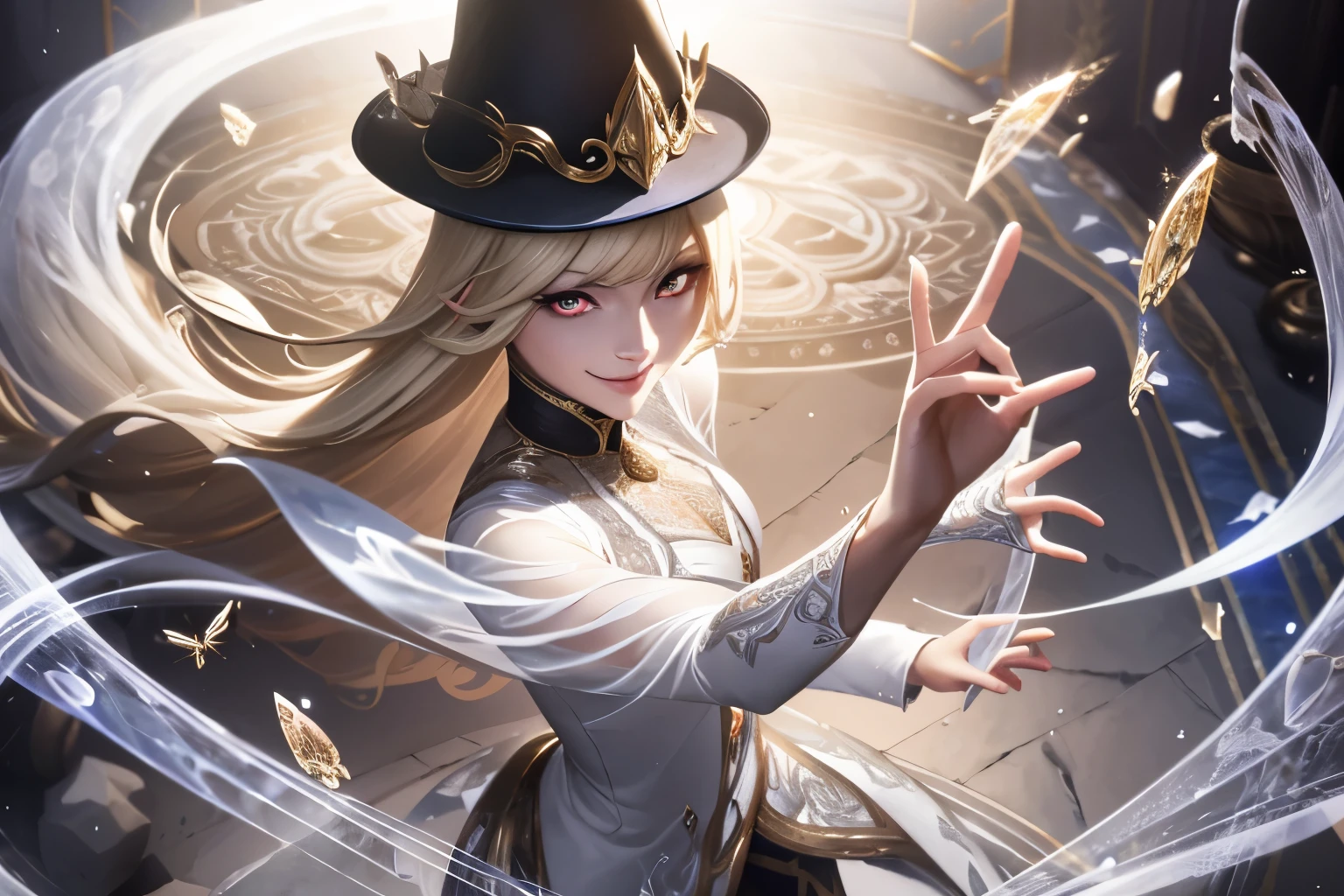 Dirt.,white shirt,(Spectral magic:1.2), League of Legends สแปลชอาร์ต, woman,Bangs,black pants,Red eyes,Blonde hair,(madness:1.2),crystal,mask,darkness,smile,top view,gold,fish,victorian hat,Europe,Middle Ages,marble pattern,white magic,joy,luxurious,diamond,flower,full figure,(white stone magic:1.2),ruins,Comb your hair,Reflections,mirror,mirrorเเตก,ผลึกcrystal,white coat,dynasty,gold lace pattern,water,เศษcrystalสีฟ้า,ยืนกลางทุ่งflower,snake,Insects