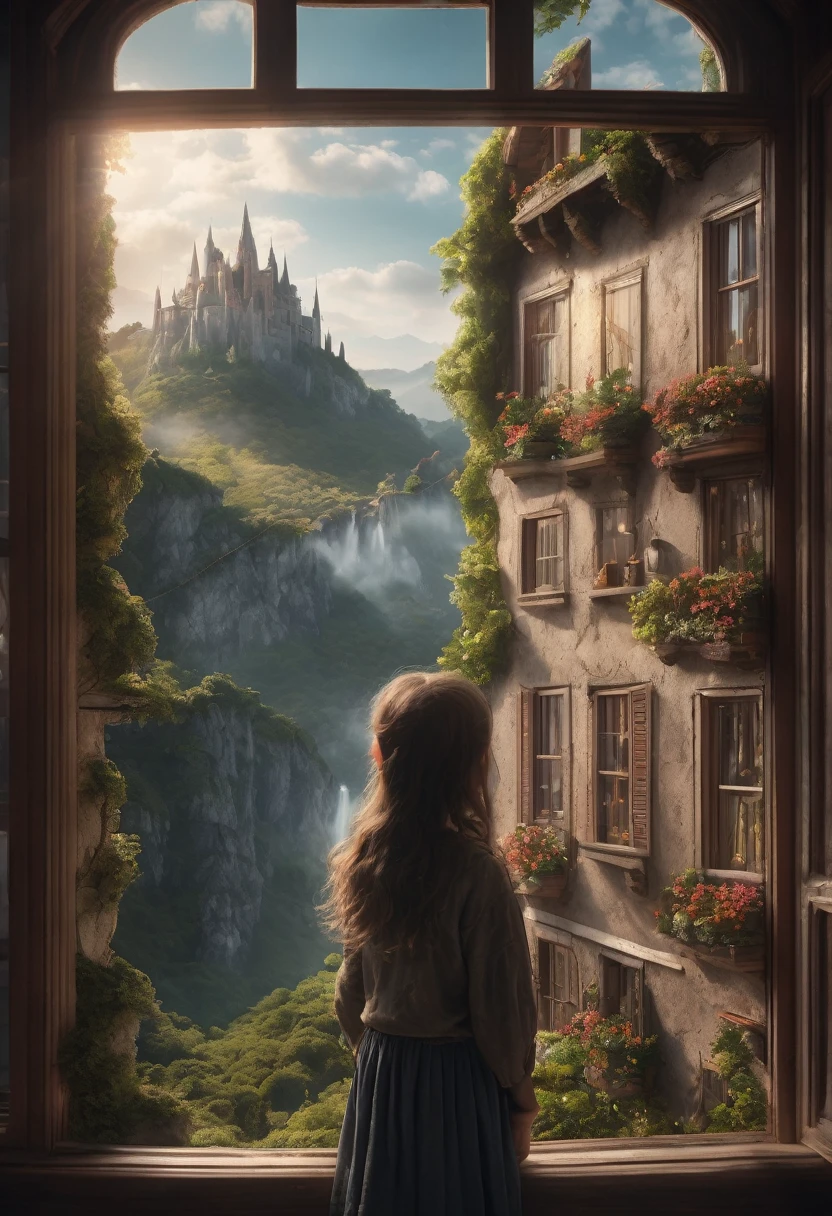 1girl, The View Outside the Window, The view through a window to a magical world, Epic cinematic brilliant stunning intricate meticulously detailed dramatic atmospheric maximalist digital matte painting . masterpiece, best quality, very aesthetic, absurdres, aesthetic