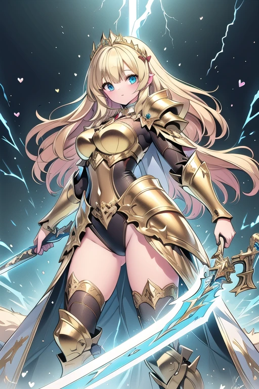 super realistic image, high quality uhd 8K, of (1 god girl, Hilyn), detailed realistic ((athletic body, high detailed)), ((tall model)), (skinny waist), ((beautiful bright blonde long hair)), ((no beard)), high detailed realistic skin, (((powerful and fantastic full armor, divine golden fantasy armor))), (((casting lightning magic spells with great golden fantasy sword))), ((white fur cape)), ((magical hearts of light)), (in guardian position, in the valhalla), real vivid colors, standing
