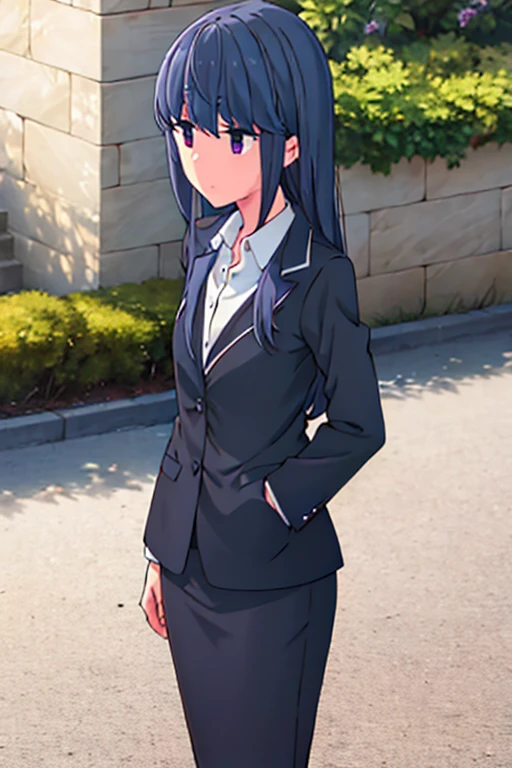 1girl, rin shima, purple eyes, suit, office lady, black skirt, black blazer, pencil skirt, white shirt, collared shirt, long hair, teenager, looking at viewer, full body, sad face