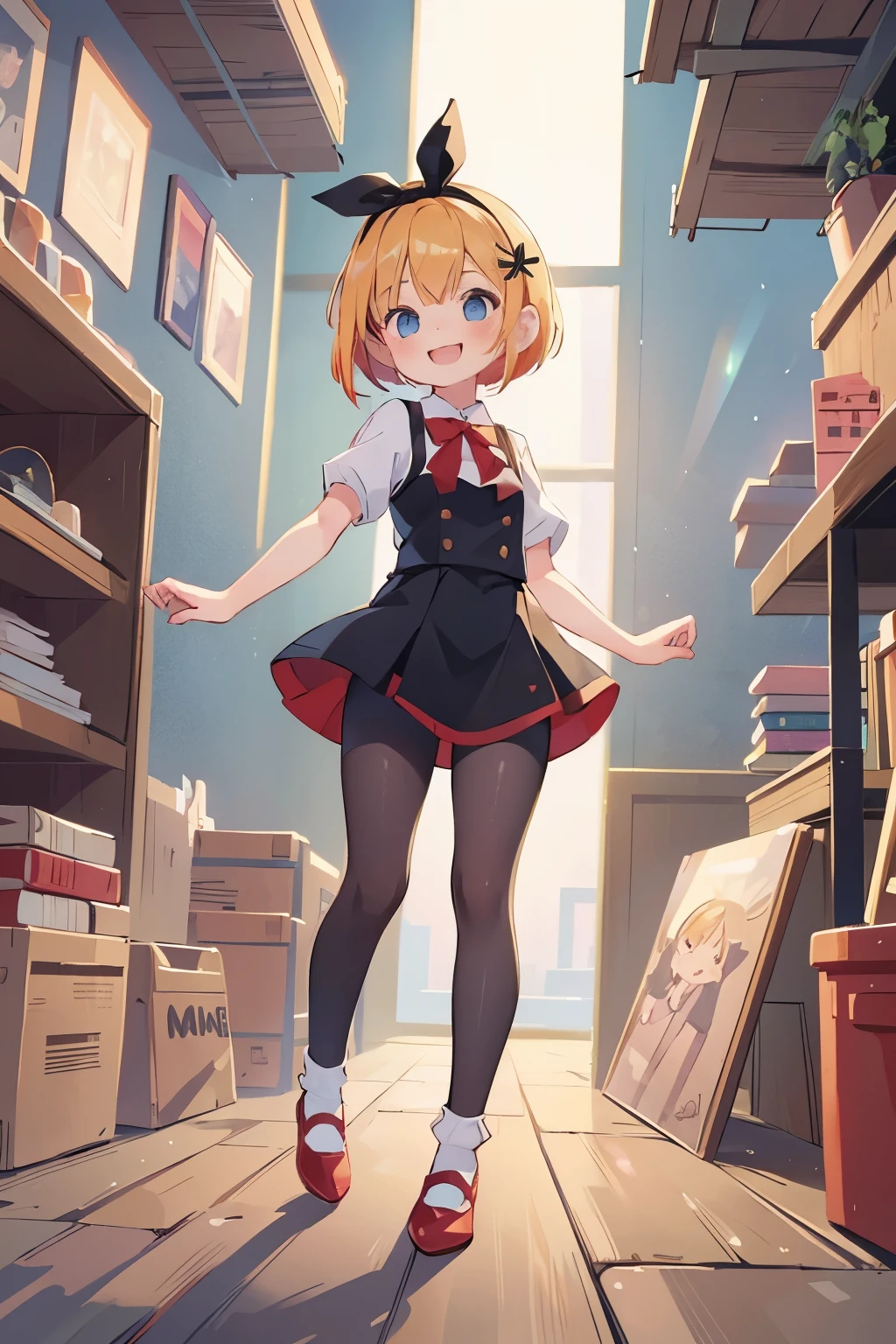 A girl with impressive blonde hair、hair ornaments、short bob、black pantyhose、No sleeve、hot pants、smile、Cute shoes with accessories、red hair band、dynamic pose
