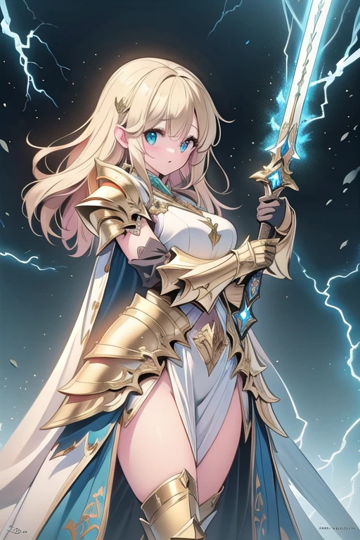 super realistic image, high quality uhd 8K, of (1 god girl, Hilyn), detailed realistic ((athletic body, high detailed)), ((tall model)), (skinny waist), ((beautiful bright blonde long hair)), ((no beard)), high detailed realistic skin, (((powerful and fantastic full armor, divine golden fantasy armor))), (((casting lightning magic spells with great golden fantasy sword))), ((white fur cape)), ((magical hearts of light)), (in guardian position, in the valhalla), real vivid colors, standing
