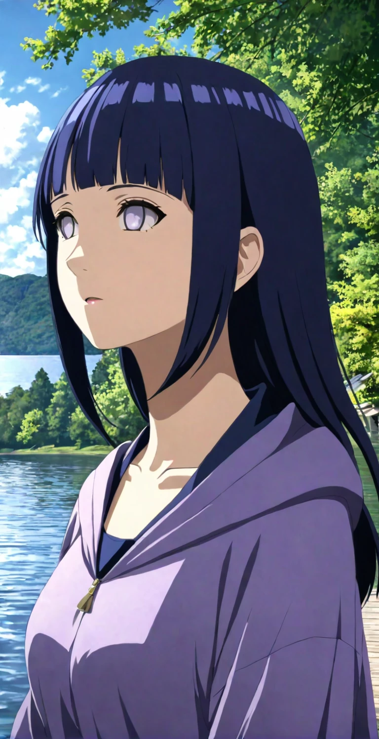 close-up from side, (30 years old adult-Hinata) walk next to lake, [enchanting, surreal, studio lighting, HDR, UHD, K]