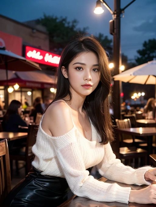 Raw photo, realistic,girl,Indian girl,age 22, full body,pale skin, body, beautiful face, detailed face,black fishnet sweater dress,big breasts, upper body, sitting, cowboy shot, outdoor, night, restaurant, ((looking at viewer:1.4)),((face towards me)), from below,side profile