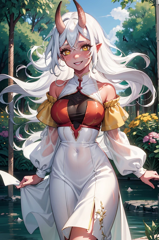 "(best quality,4k,8k,highres,masterpiece:1.2),ultra-detailed,(realistic:1.1),portrait,colorful lighting, sexy woman,red skin,red horn,long white hair,yellow eyes,cute dress clothes,playful expression,garden,flowers,butterflies,toy train,sparkling eyes,sunshine,soft complexion,cheerful,innocent,fun,lovely smile,joyful,curly hair,freckles,fantasy ambiance,daydreaming,fairy tale,dreamy background,imagination,whimsical,childhood memories,happiness,bliss,light-hearted"