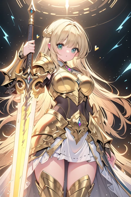 super realistic image, high quality uhd 8K, of (1 god girl, Hilyn), detailed realistic ((athletic body, high detailed)), ((tall model)), (skinny waist), ((beautiful bright blonde long hair)), ((no beard)), high detailed realistic skin, (((powerful and fantastic full armor, divine golden fantasy armor))), (((casting lightning magic spells with great golden fantasy sword))), ((white fur cape)), ((magical hearts of light)), (in guardian position, in the valhalla), real vivid colors, standing
