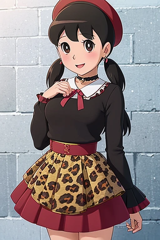 mayuzumi fuyuko, 1girl, solo, black hair, hat, jewelry, long hair, looking at viewer, bangs, earrings, skirt, white background, smile, shirt, simple background, heart earrings, long sleeves, heart, black headwear, black shirt, frilled choker, breasts, brown eyes, choker, blunt bangs, upper body, beret, medium breasts, brown skirt, frills, nail polish, ribbon, red nails, closed mouth, animal print, blush, frilled sleeves, leopard print, neck ribbon, own hands together