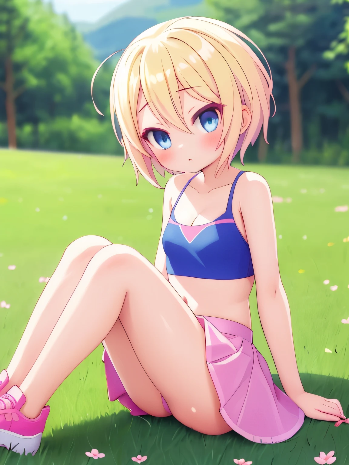 Lolicon, short Blonde hair ,blue eyes , Thin legs ,pink miniskirt,sports crop top ,sitting with legs open , coquette ,grass , cleavage,tiny breasts