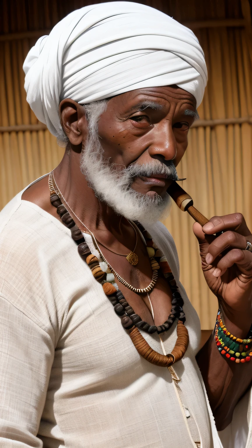 Um casal formado por um negro velho e uma negra, ambos com 85 anos. O homem negro possui cabelos grisalhos e barba, and wears a straw hat. He is wearing white raw fabric clothes and holds a very old wooden pipe.. On your neck, wears a rustic necklace made of African beads. A mulher negra segura um cachimbo, wears raw cotton clothes and wears an ojá or white turban on his head. Assim como o homem, She also wears a necklace of African beads around her