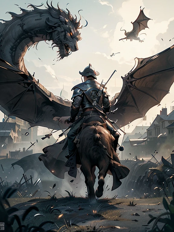  Cartoon style pictures ，(Europe)，man,midnight，Overall black tone， Characters take up one fifth，Create dystopian masterpieces, Game of Thrones movie scenes, The whole character is dressed in Game of Thrones style, Rugged full body metal armor， The background is the medieval manor farmland，river，torch，horse，flying dragon，A group of farmers，field，farming，(helmet，Face covering，In the shadows，Faceless，健壮的man, strong, shabby),dynamic poses， ((Turn your back to the camera，look into the distance，not looking at camera)), Photos taken from a distance, 
