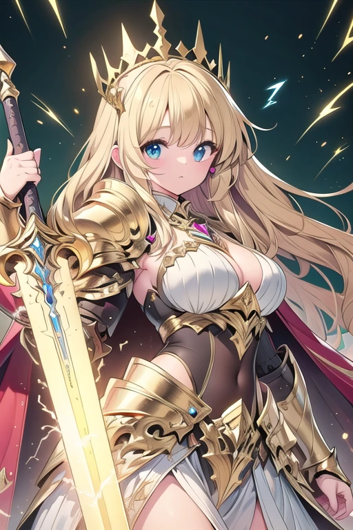 super realistic image, high quality uhd 8K, of (1 god girl, Hilyn), detailed realistic ((athletic body, high detailed)), ((tall model)), (skinny waist), ((beautiful bright blonde long hair)), ((no beard)), high detailed realistic skin, (((powerful and fantastic full armor, divine golden fantasy armor))), (((casting lightning magic spells with great golden fantasy sword))), ((white fur cape)), ((magical hearts of light)), (in guardian position, in the valhalla), real vivid colors, standing
