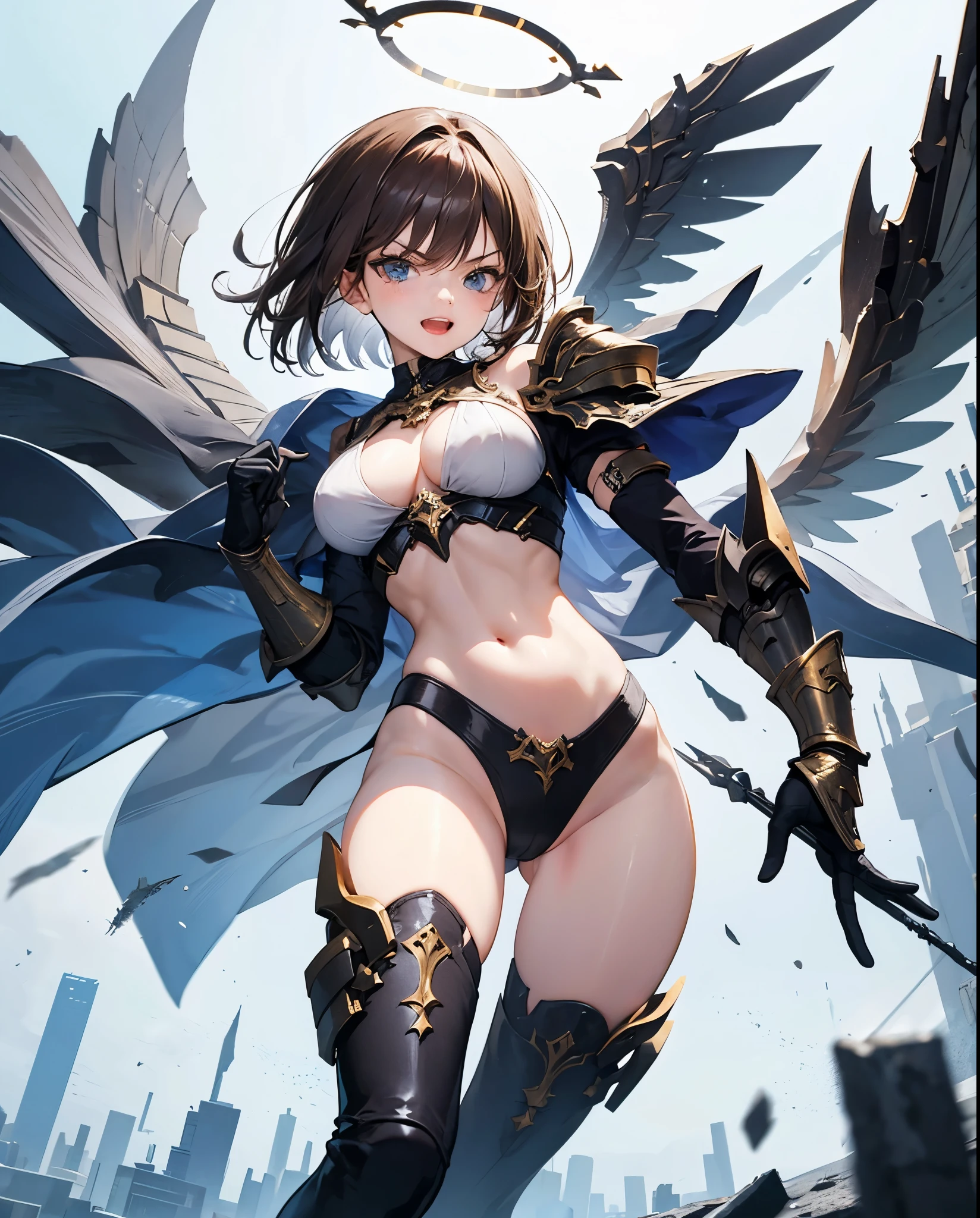 fantasy, 1angel_girl,(young_teen:1.5), ,brown_hair, medium_bob_hair, long_bangs, halo,bare_shoulder,thighhighs,silver_armor, waist_armor, large_breasts,angry,grinning,open_mouth_teeth, 1pair_wings, dynamic_pose_fighting,floating, bare_crotch, headgear,gauntlet, greaves,city_background,slightly_spread_legs, solo, groin_naked,
