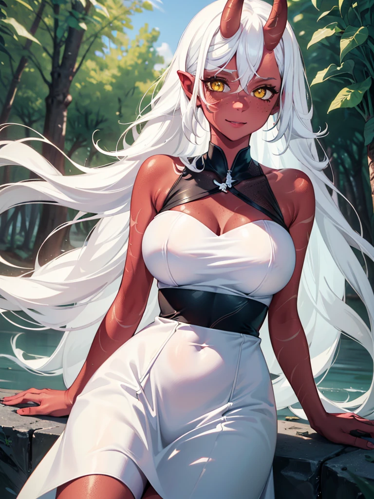 "(best quality,4k,8k,highres,masterpiece:1.2),ultra-detailed,(realistic:1.1),portrait,colorful lighting, sexy woman,red skin,red horn,long white hair,yellow eyes,cute dress clothes,sparkling eyes,sunshine,soft complexion,freckles,fantasy ambiance,daydreaming,fairy tale,dreamy background,imagination,whimsical,childhood memories,happiness,bliss,light-hearted"