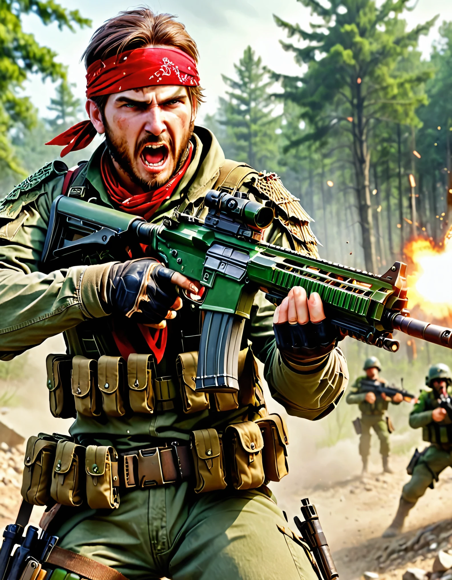 male focus, solo, solo focus, mercenary, brown hair, hazel eyes, facial hair, bullet belt, green uniform, combat boots, red bandana, (aiming and firing an assault rifle, rifle shell casings, muzzle flash) (angry, screaming, open mouth), war zone