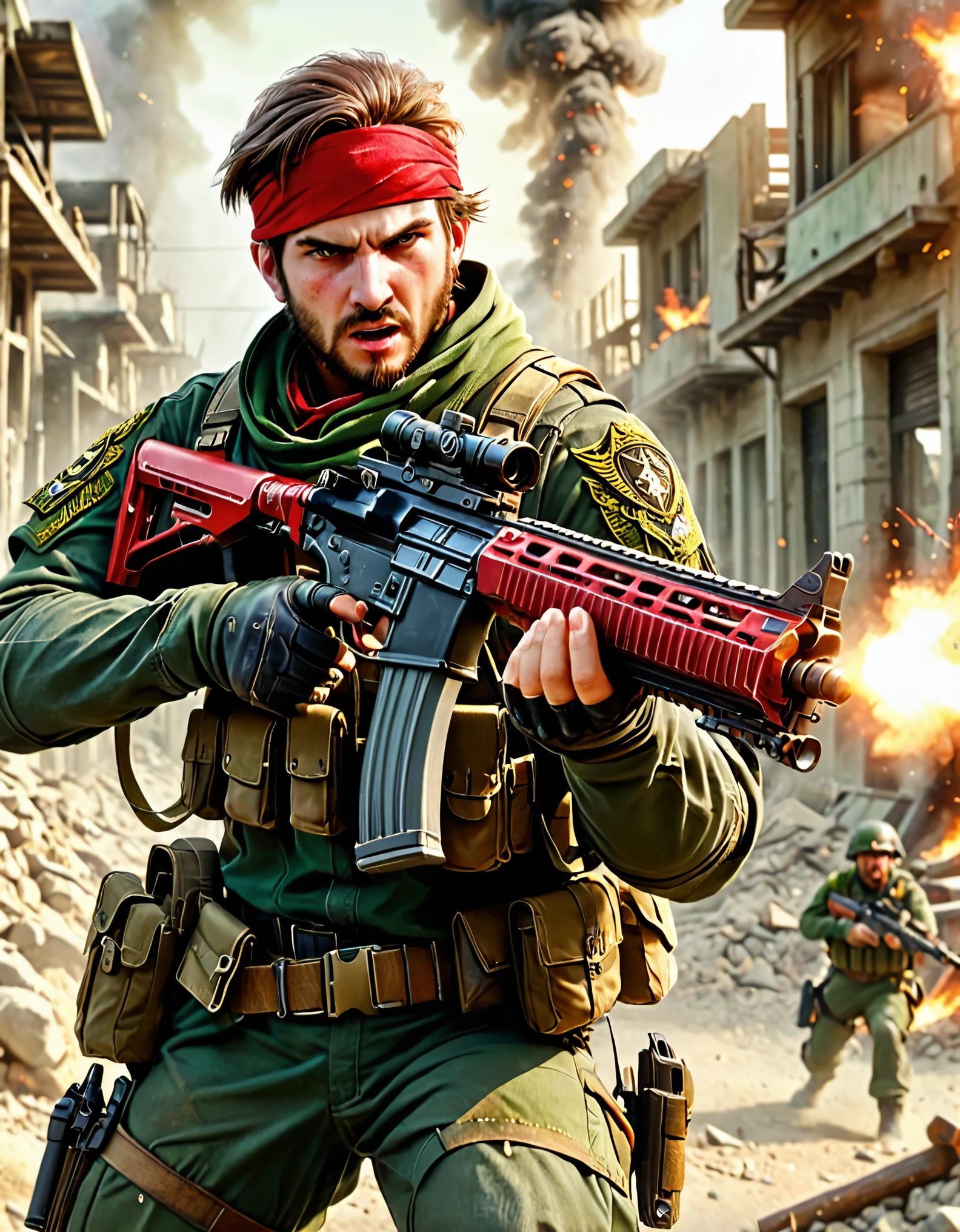 male focus, solo, solo focus, mercenary, brown hair, hazel eyes, facial hair, bullet belt, green uniform, combat boots, red bandana, (aiming and firing an assault rifle, rifle shell casings, muzzle flash) (angry, screaming, open mouth), war zone