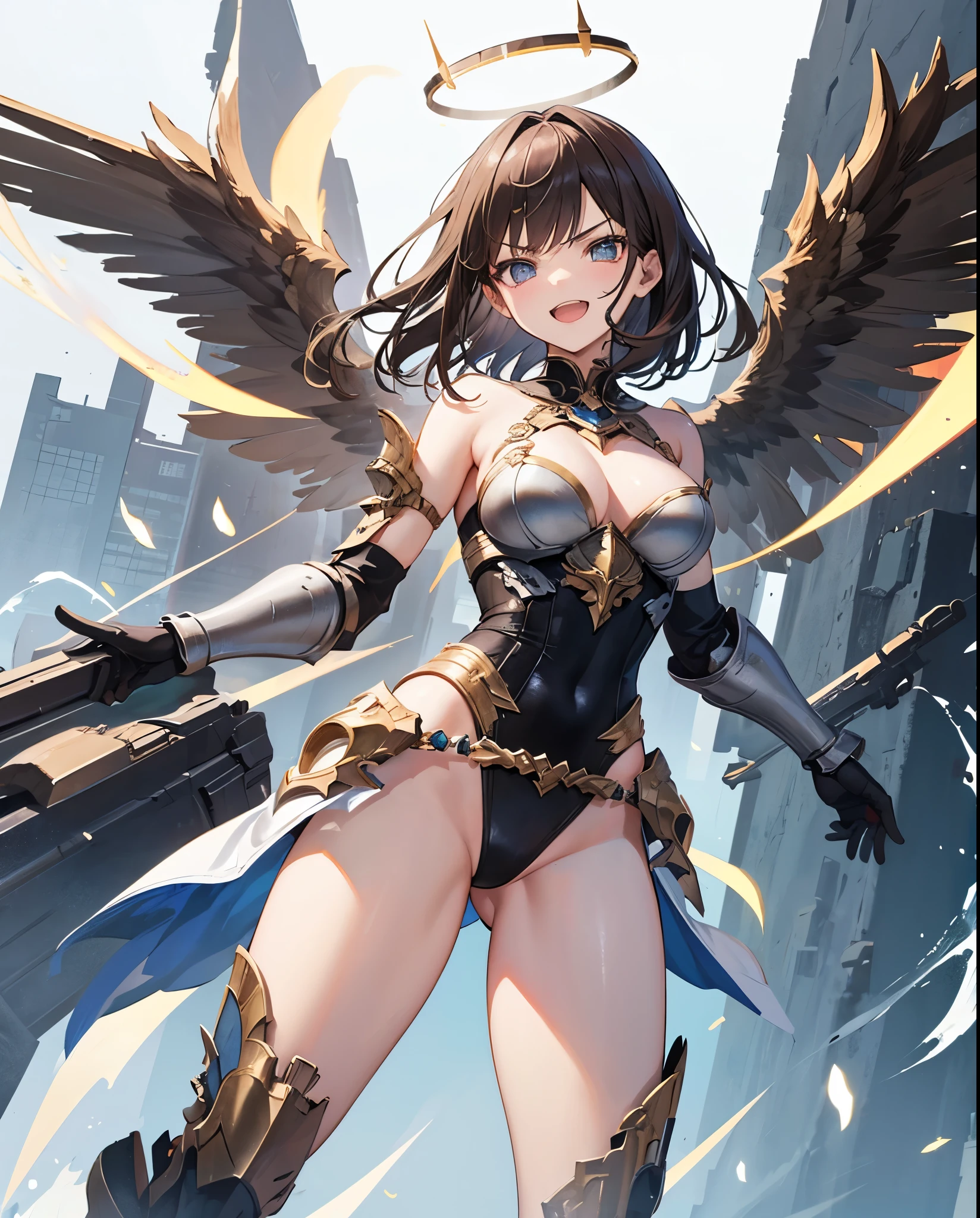 fantasy, 1angel_girl,(_teen:, ,brown_hair, medium_bob_hair, long_bangs, halo,bare_shoulder,thighhighs,silver_armor, waist_armor, large_breasts,angry,grinning,open_mouth_teeth, 1pair_wings, dynamic_pose_fighting,floating, bare_crotch, headgear,gauntlet, greaves,city_background,slightly_spread_legs, solo, groin_naked,