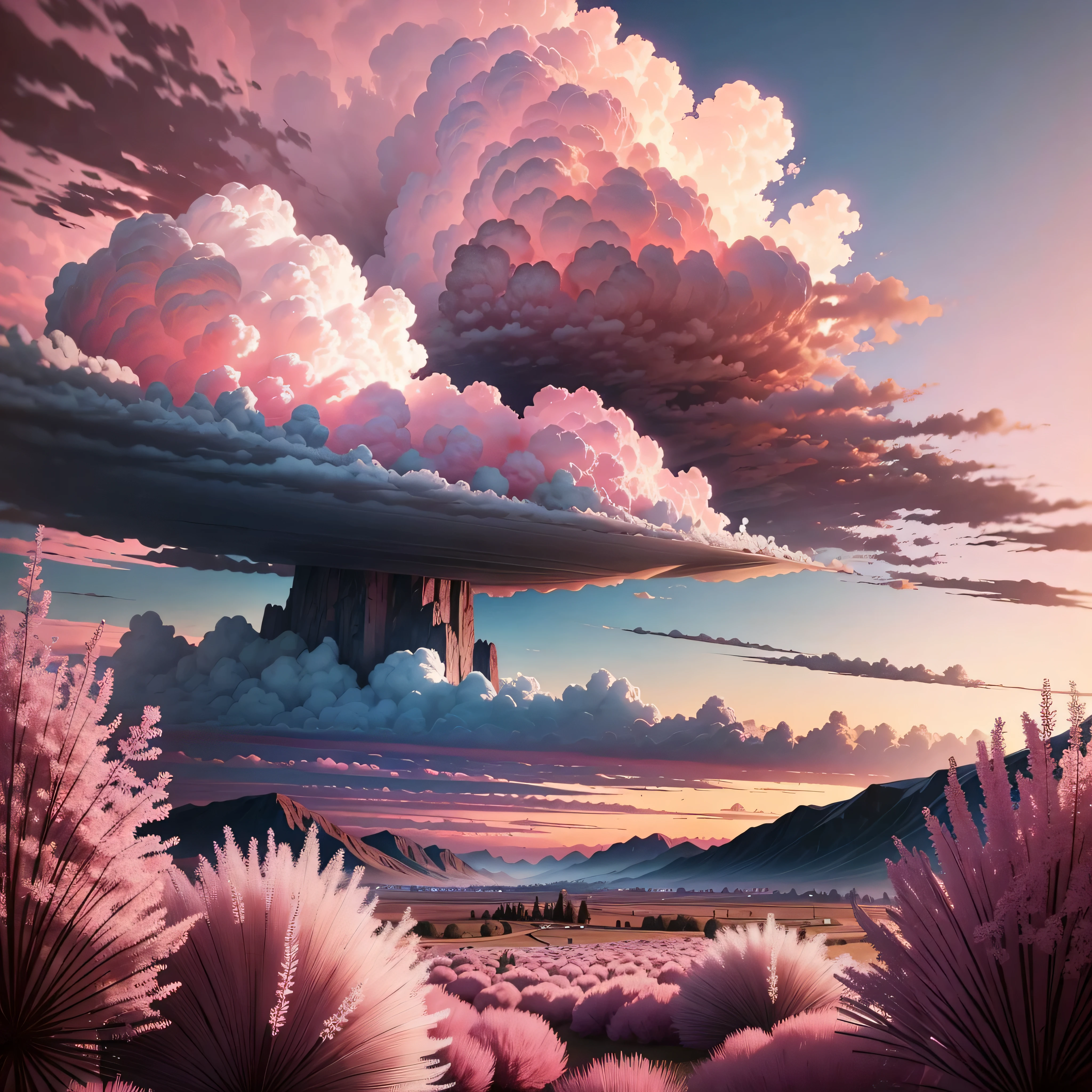 (pink sky:1.1,pink cloud:1.1),vivid colors,ultra-detailed,realistic,landscape,soft lighting