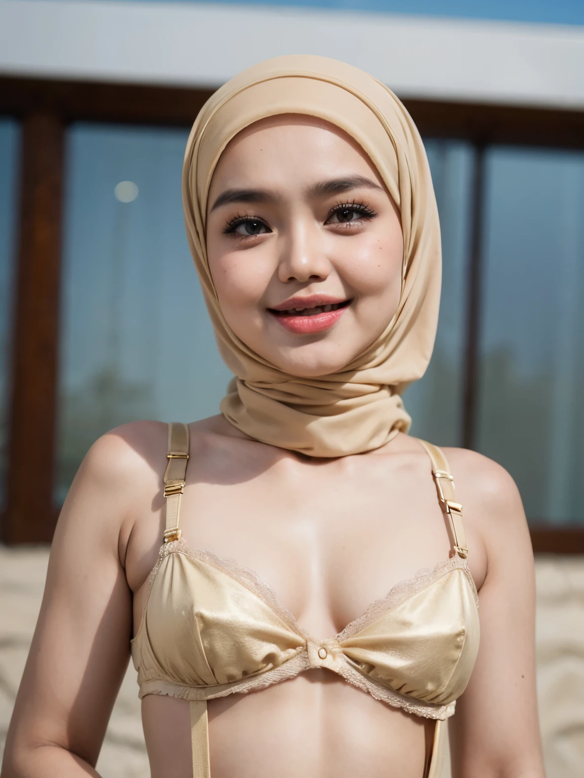 (WEARING SUSPENDER), ((Open mouth)), Naked singlet (((HIJAB MALAY GIRL))), masutepiece, High quality, UHD 32K, Realistic face, Realistic skin feeling , A Japanese Lady, 8 , , Very cute and baby-like face, (((FLAT CHEST))), (MATRIX WORLD), ((look In front  at the camera and SADNESS)), ((())), (((CUTE GIRL))), ((RAINBOW LIPS)), ((Wearing Lingerie Suspender)), ((CHUBBY)), (undress, and Gold, at beach, canine teeth 