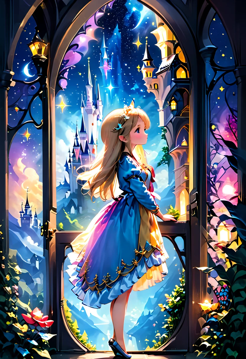 The magical princess looks out of the castle window and the fairy tale kingdom becomes more colorful under the bright starry sky.