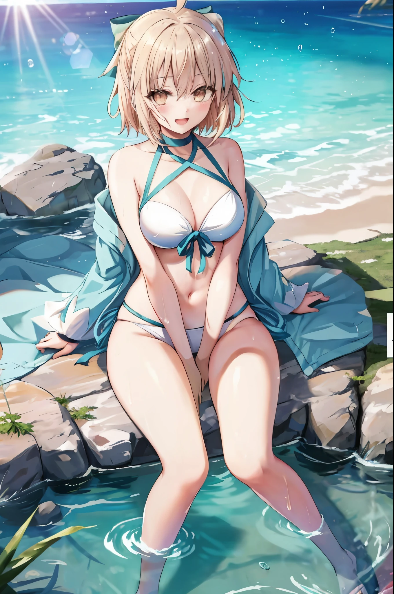 masterpiece, best quality,extremely detailed CG unity 8k wallpaper,
1girl,okita souji \(fate\), swimsuit,bikini,
smile,open_mouth,sitting,sunlight,splash_of_water,happy,gold_eyes,half_eyes,apart_legs,rising_knee,open_legs,covered_pussy,