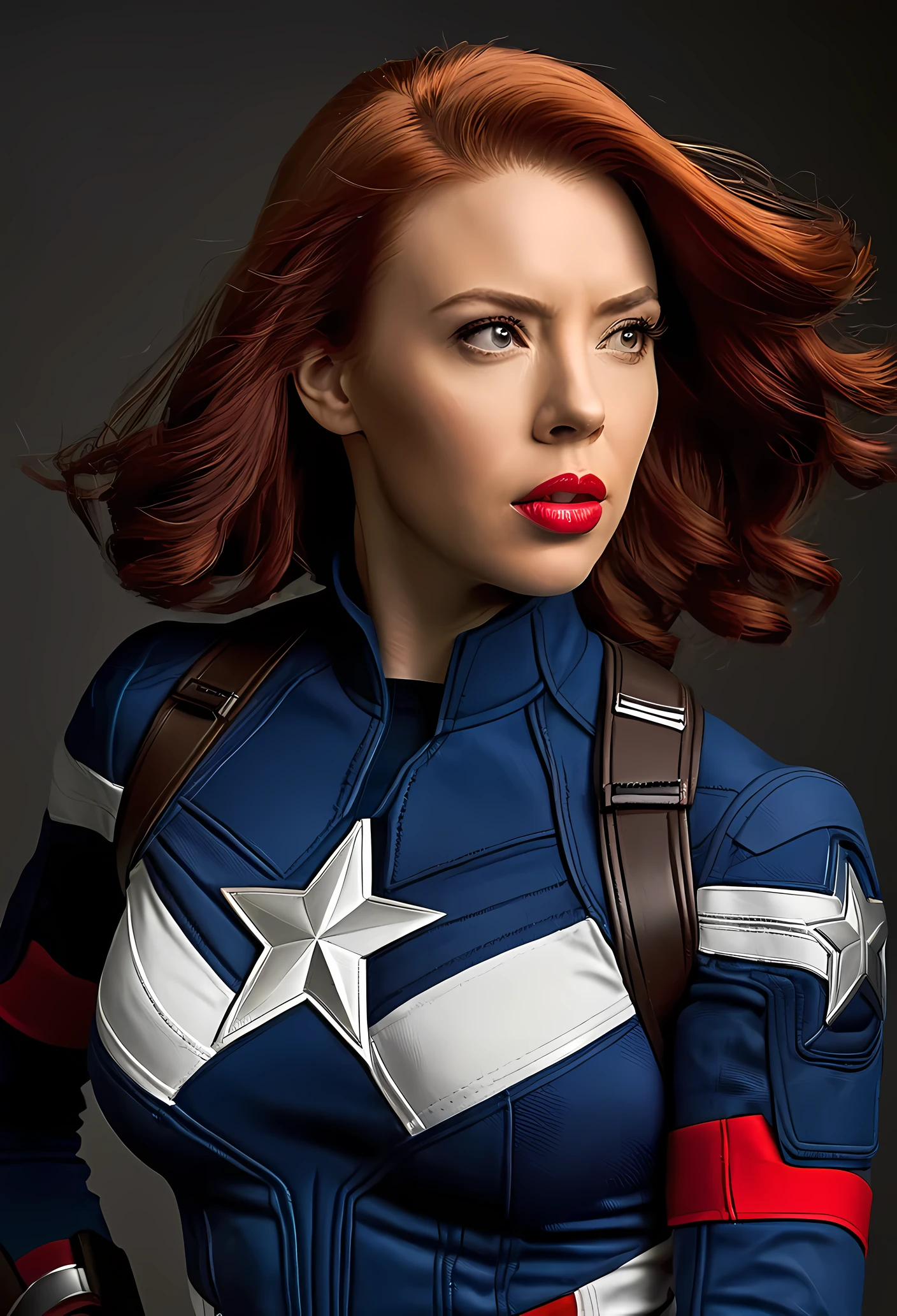 (Foto CRU, Melhor qualidade), (realista, foto fotorrealista: 1.3), Melhor qualidade, altamente detalhado, obra de arte, ultra detalhado, illustration, Maravilha cinematic universe, Maravilha, captain America + Black Widow's unique combination, Scarlett Johansson, Beautiful Natasha Romanova in blue and white Captain America costume without Captain America helmet, pequeno sorriso, dando pose para fotografia, tronco, detalhes altos no vestido, Melhor qualidade, Papel de parede CG unificado 8k extremamente detalhado, Tinta, Incredible, tough look, retrato, fechar-se (textura da pele), intrinsecamente detalhado, detalhes finos, hiperdetalhado.
