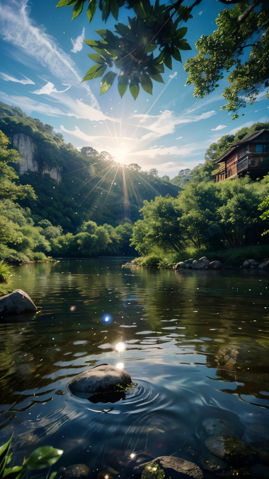 (logo、amazing、8K、table top、Raw photo、amazing、最high quality、フォトリアリスティックかつvery detailed、CG、high quality、very detailed、story poem、Particle Effects、Dynamic Effects、Text Boundary Depth、Cinematic Light、Lens flare、ray tracing、tabletop、real、ultra hd、fantasy)、beautiful water、splash of water、flow of water、Water swell、fantastic beauty、透き通ったgreenい水の美しさと輝き、The tranquility and beauty of water、wonderfulWind景、Beautiful natural water、green、Wind、wonder、wonderful