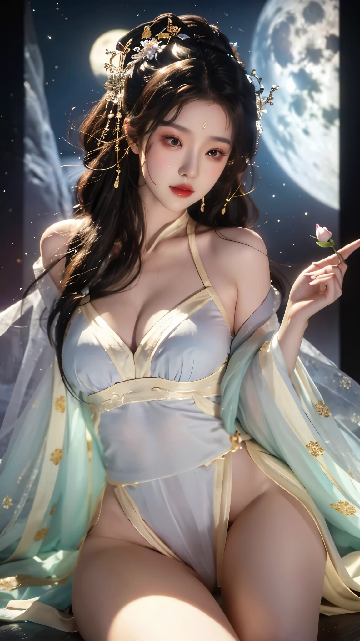 ((knee shot)), red lips, a mature woman, Exquisite makeup, ethnic style, lifelike、real picture、((realistically:1.5))、White phalaenopsis around hair,Lilac dendrobium、White Lily、1 girl、brown hair、flowing hair、plump breasts, Slim, Slender sexy legs, Charming legs, strike an elegant pose, Have extremely beautiful facial features、hairpins on head、perfect hands、(night、moon、cliff)、 vector art、Chinese contemporary art、soft light、look down