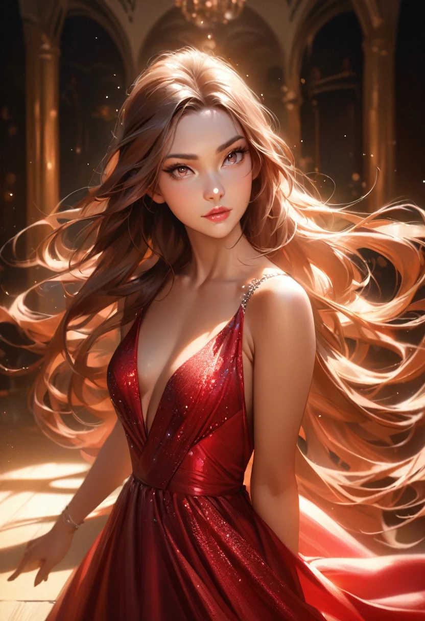 (best quality,highres,realistic:1.37),extremely detailed,beautiful detailed eyes,beautiful detailed lips,portrait,soft lighting,vibrant colors,long flowing hair,floor-length red gala dress,shimmering fabric,sparkling jewelry,elegant pose,confident expression,graceful background,subtle shadows,artistic atmosphere,romantic ambiance,blurred foreground elements,subtle hint of wind,mesmerizing gaze,dramatic contrast.