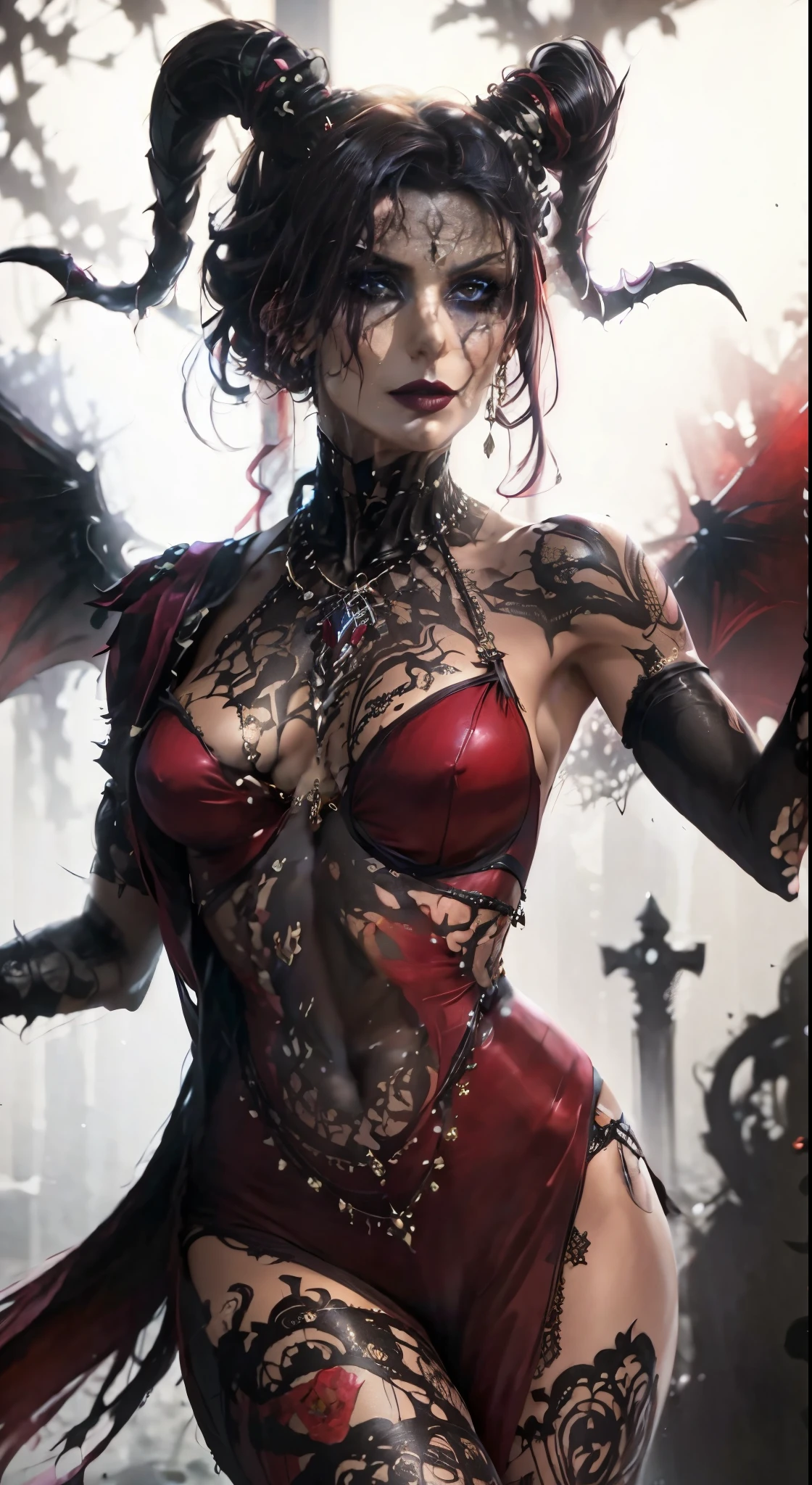 a close up of a woman with tattoos and a devil costume, beautiful necromancer girl, seductive cyberpunk dark fantasy, gothic horror vibes, beautiful necromancer, vampire girl, dark fantasy mixed with realism, demon girl, gothic art, gothic tattoos, gothic art style, goth woman, gothic girl, beautiful girl necromancer, beautiful succubus